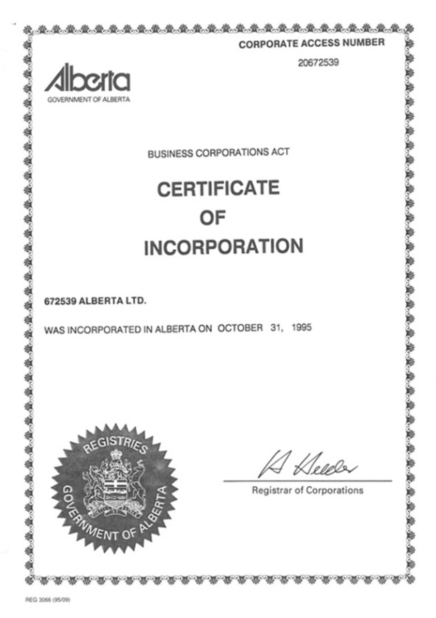 Canada Certificate of Incorporation